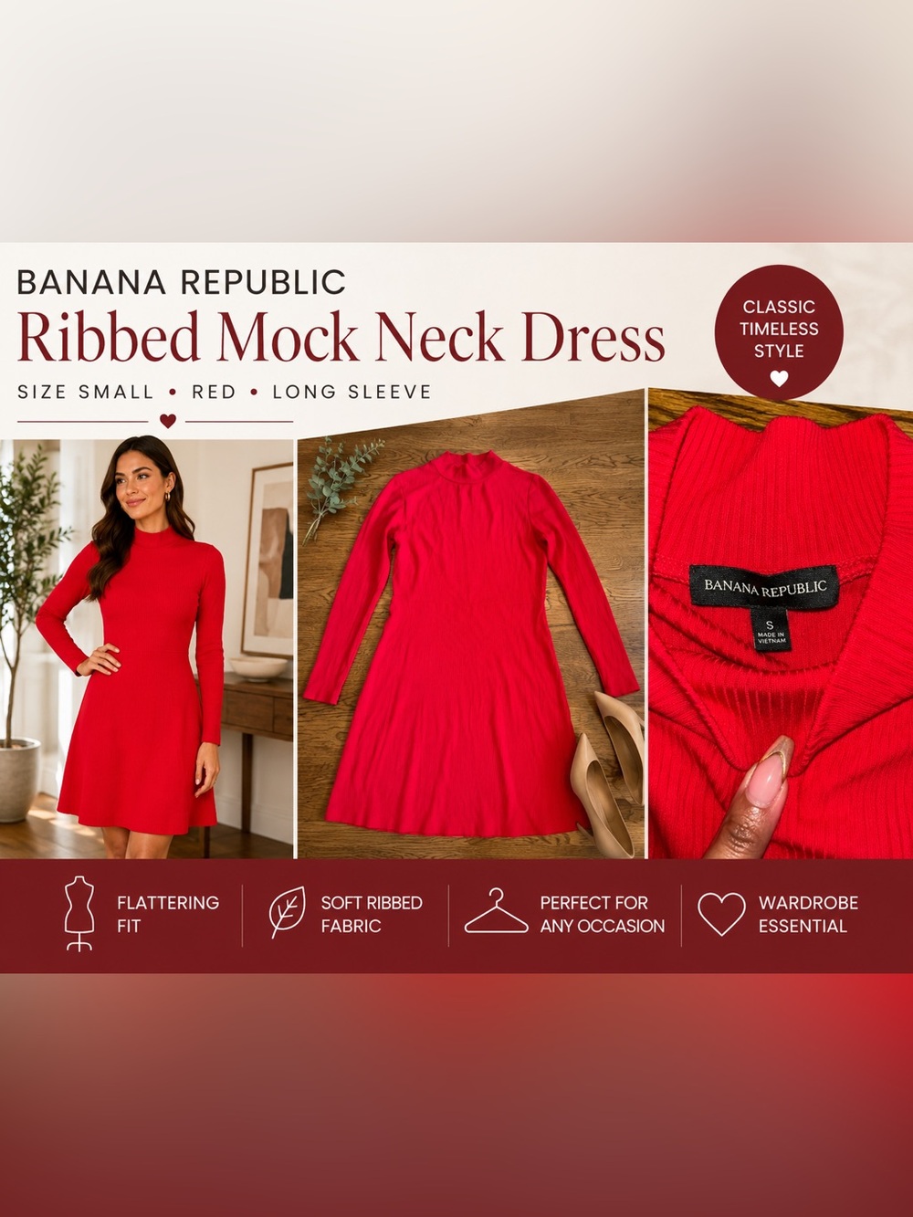 Banana Republic Red Ribbed Mock Neck Long Sleeve Dress Size Small